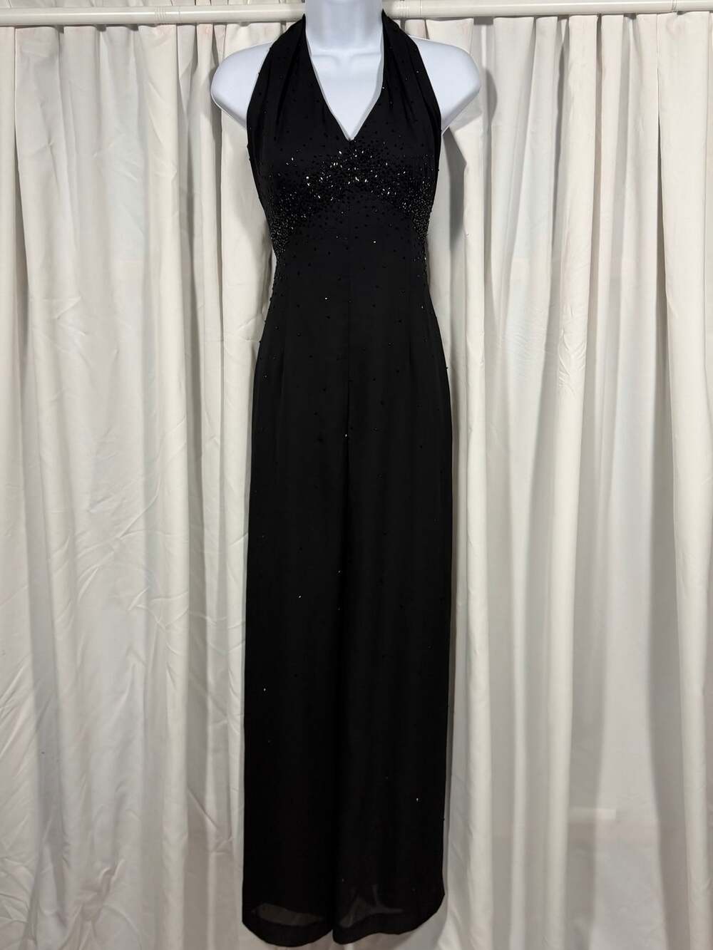 Cache Black Beaded Halter Jumpsuit Size 6 Y2K Formal Gala Cocktail Party Mcbling
